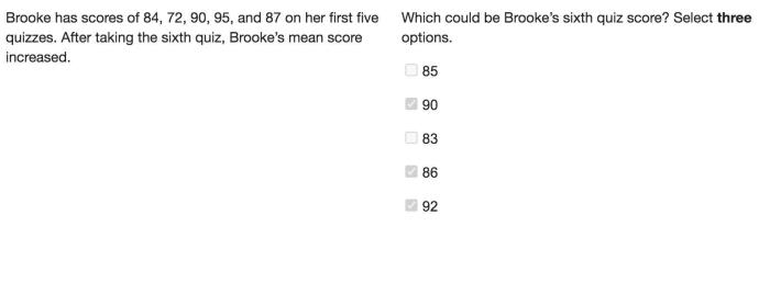 Brooke has scores of 84 72 90