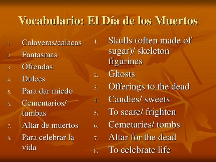 Dia de los muertos vocabulario